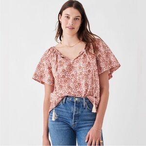Faherty Florence Blouse Sz M NWT Earth Block Floral Boho Tassels Oversized Boxy
